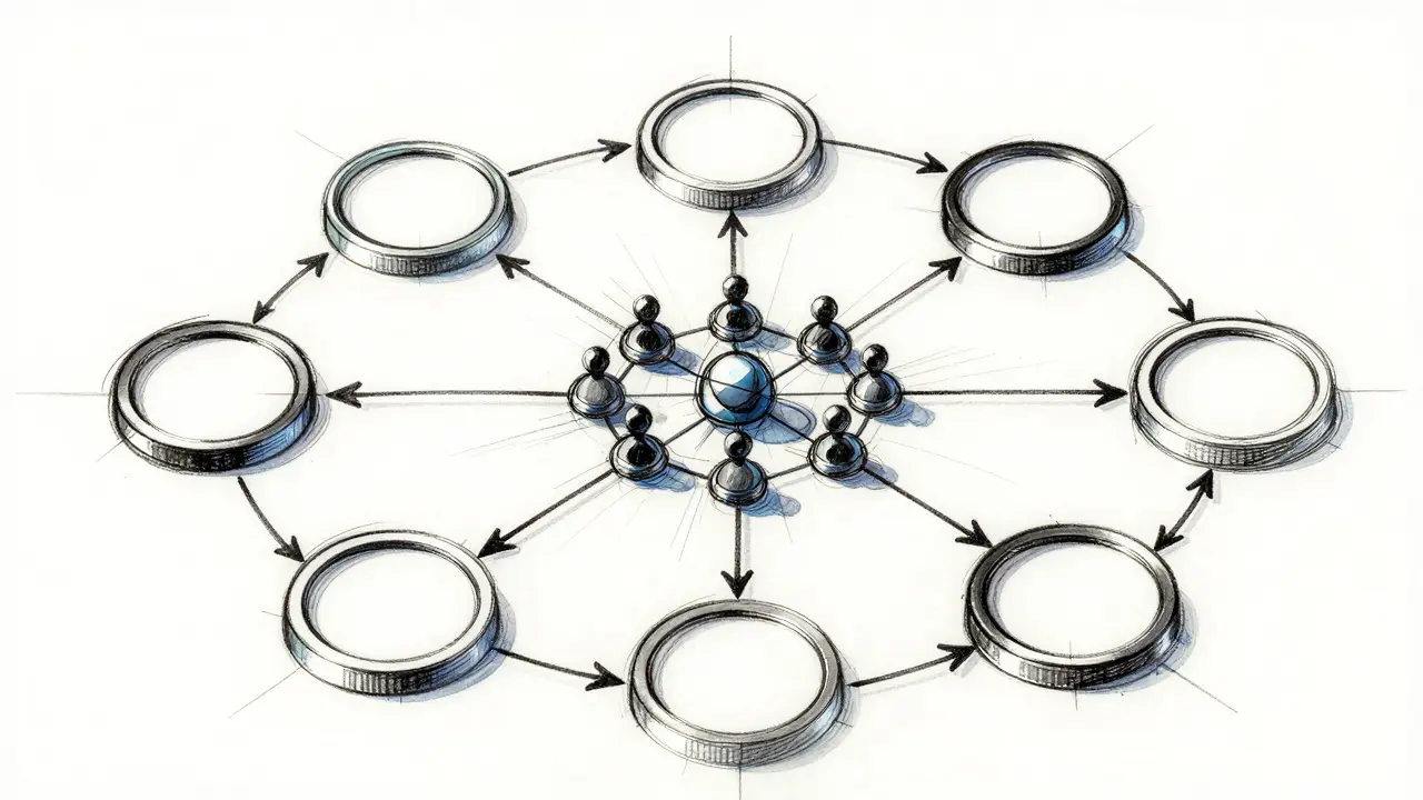 Artistic sketch illustrating network connectivity between small community nodes