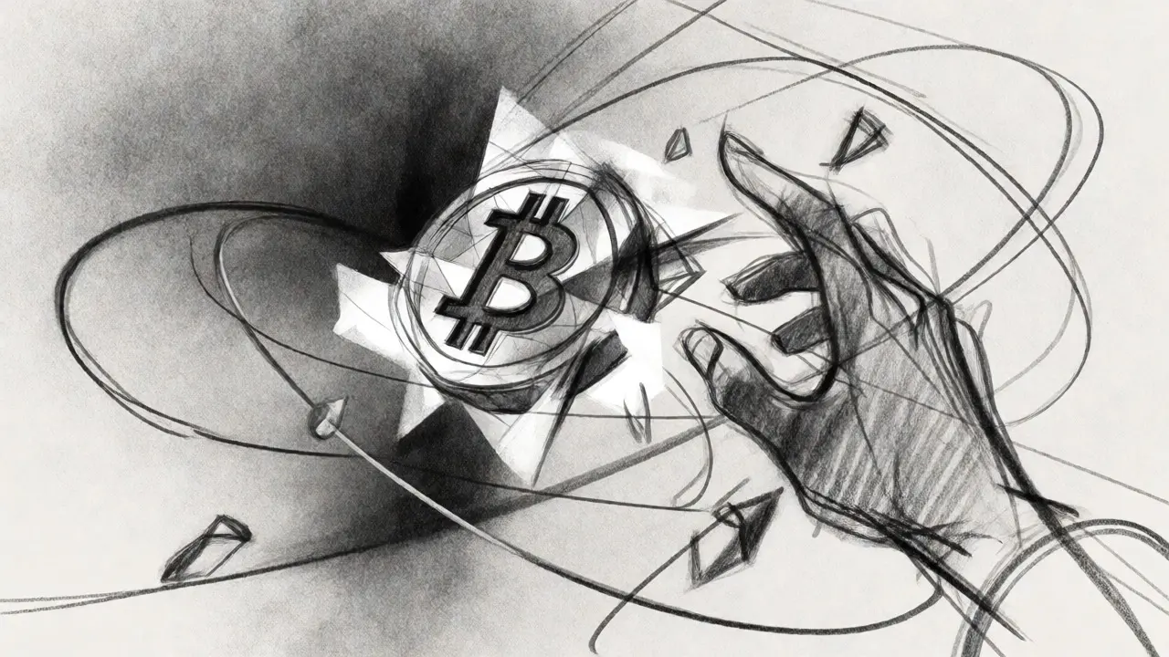 Charcoal drawing of a floating Bitcoin coin amidst abstract lines.
