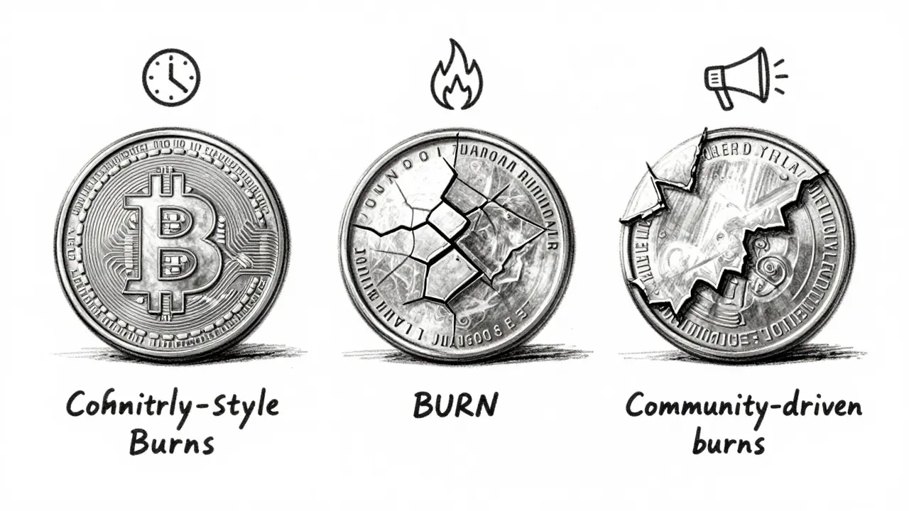 Comparative design sketch of three different deflationary coin models