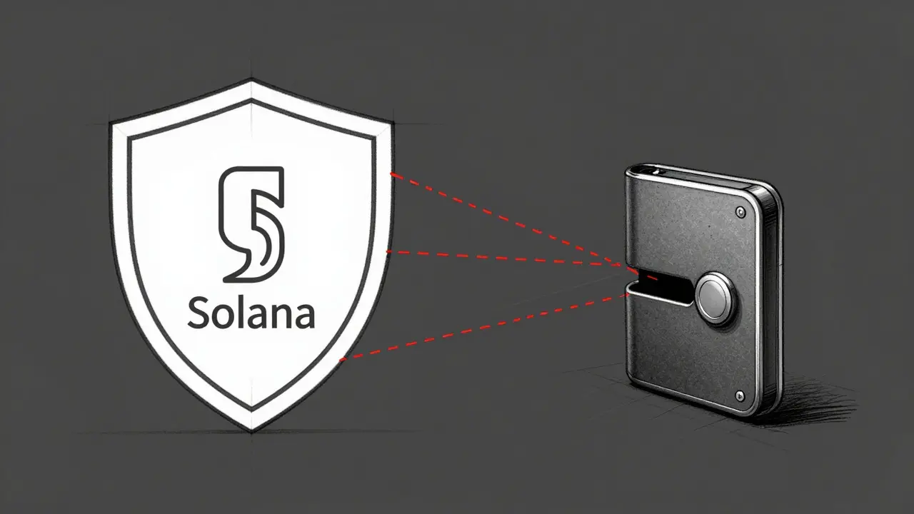 Conceptual sketch of digital security shield protecting Solana wallet