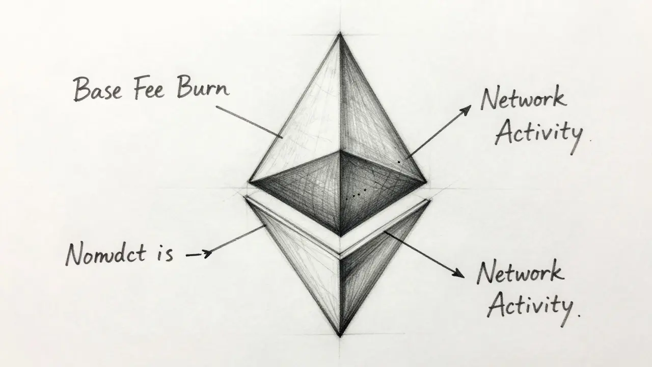 Design blueprint of Ethereum logo illustrating dynamic token burning process