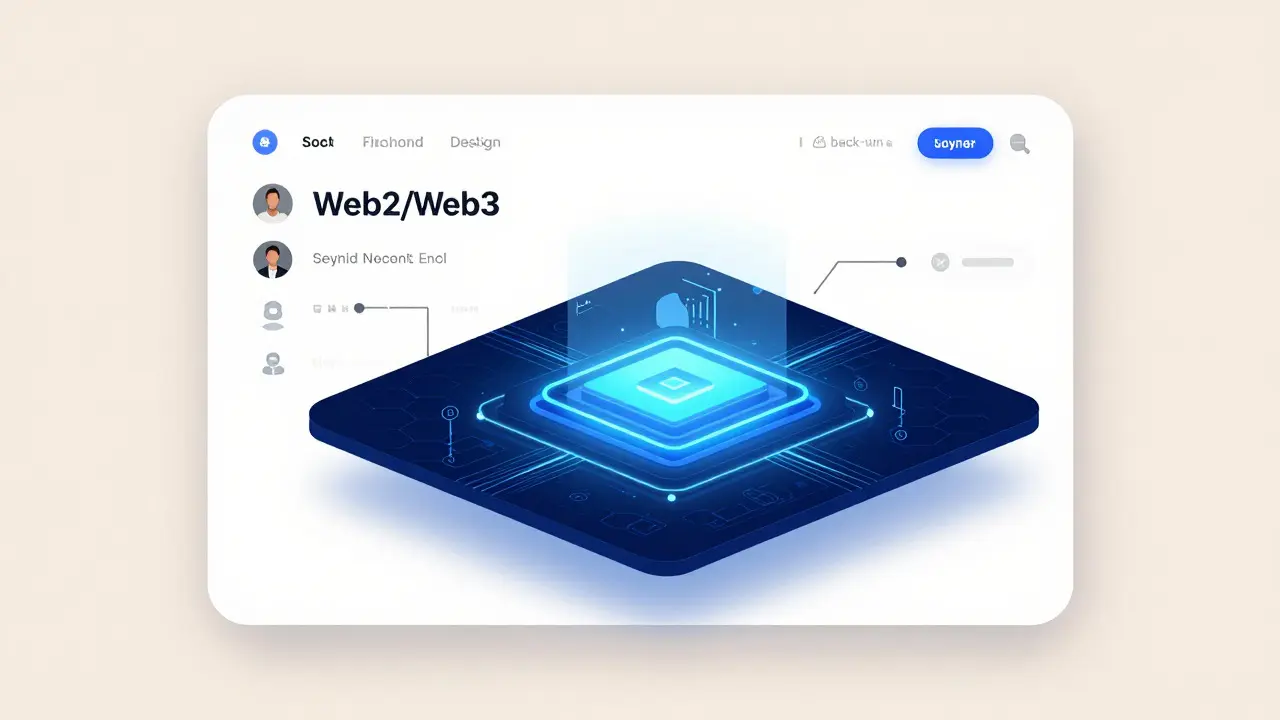 Design concept showing hybrid interface with visible blockchain infrastructure beneath