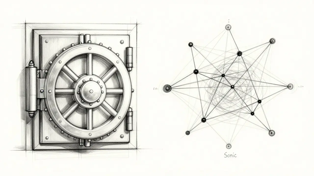 Design sketch comparing centralized vault vs decentralized network