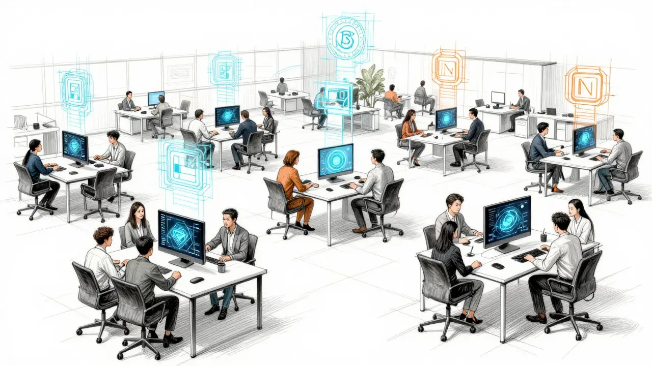 Design sketch of a blockchain startup office with digital token overlays