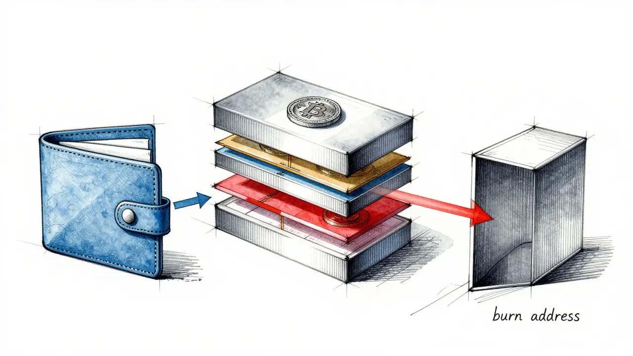 Exploded view sketch illustrating the token burning process
