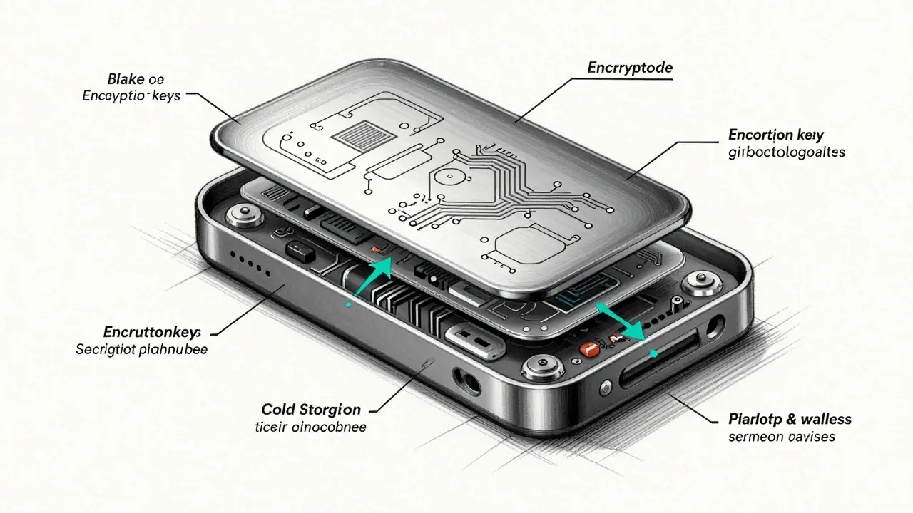 Exploded view sketch of a secure hardware wallet