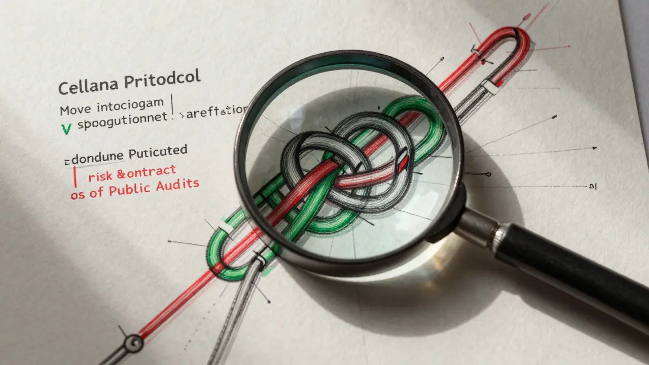Fashion-style sketch of a magnifying glass inspecting code knots for security audits and risks.