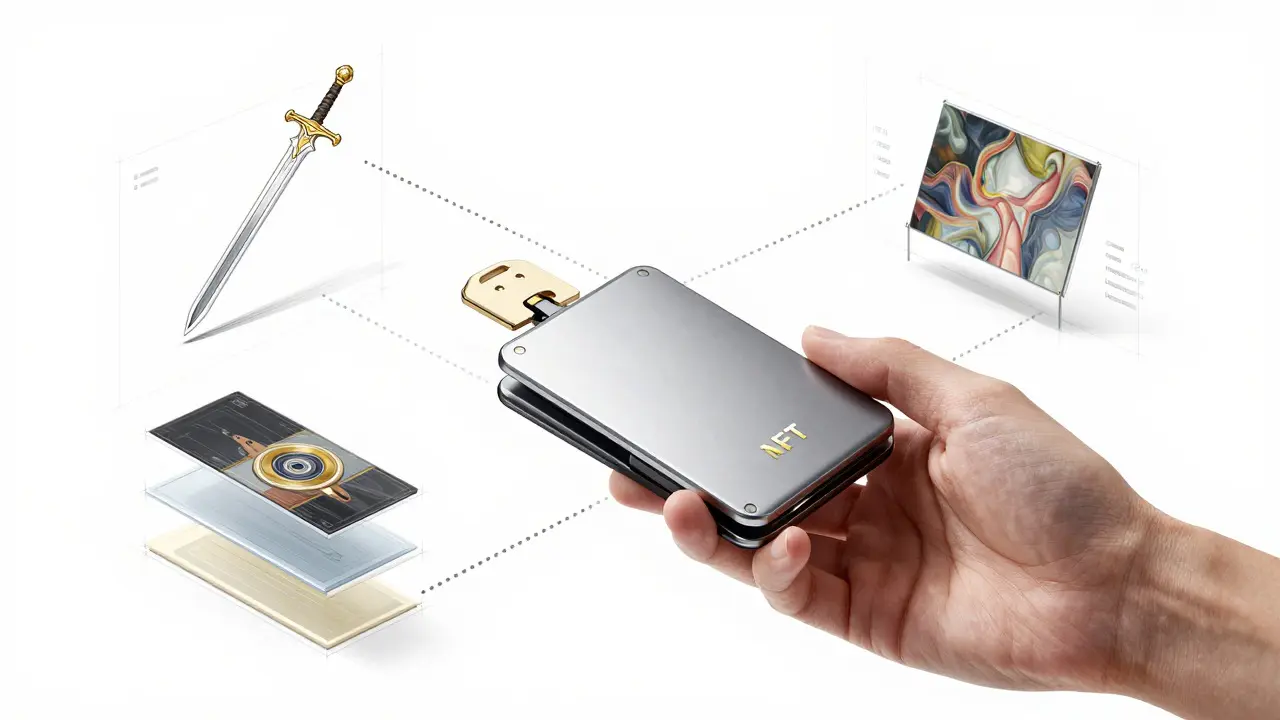 Product design illustration of a digital wallet holding portable NFT assets
