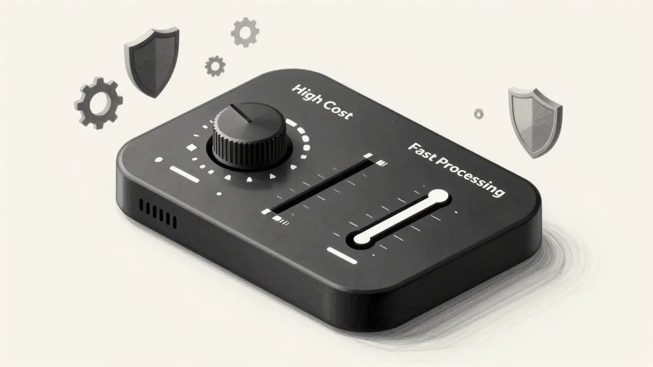 Product sketch of a sculptural compliance dashboard with dials and shields