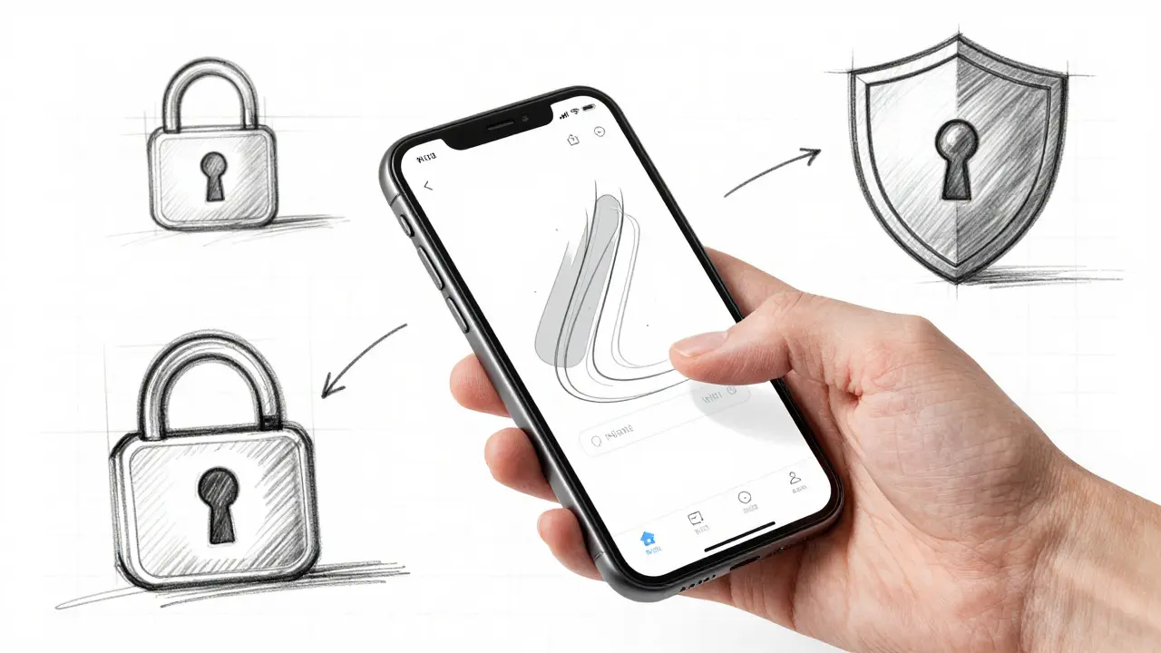 Sketch of a hand holding a smartphone with abstract security interface elements