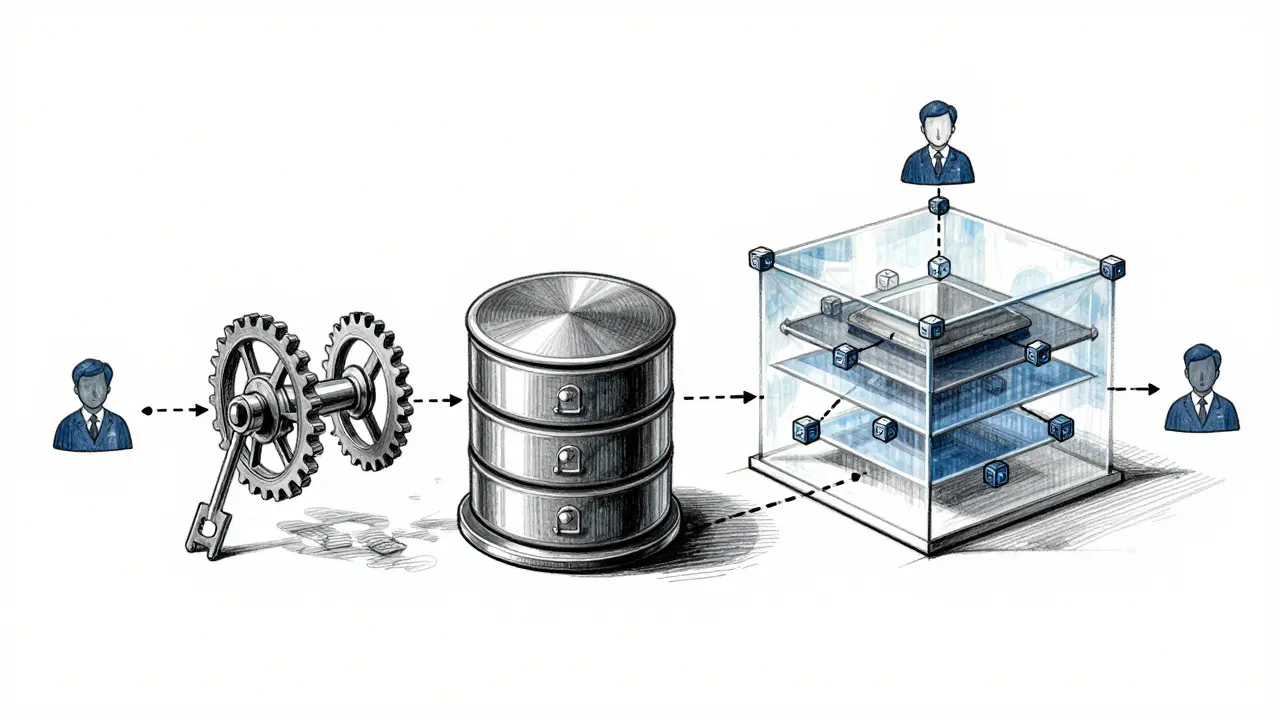 Technical drawing of hybrid blockchain architecture connecting off-chain data