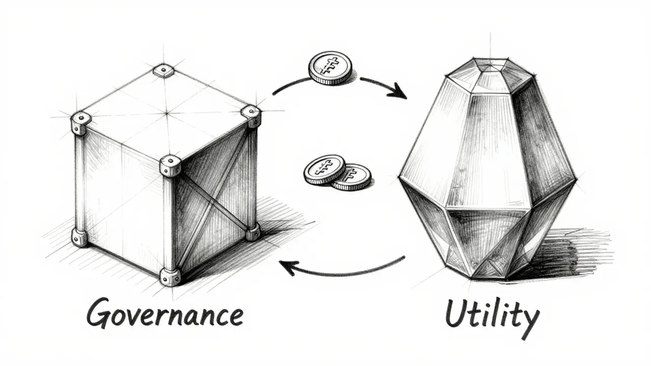 Technical sketch illustrating a dual-token economy with governance and utility assets
