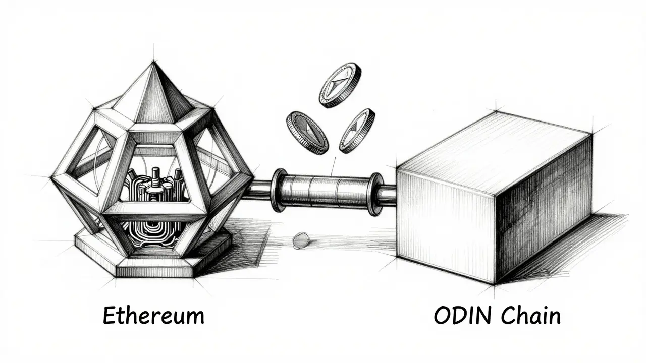 Technical sketch illustrating blockchain migration from Ethereum to ODIN Chain