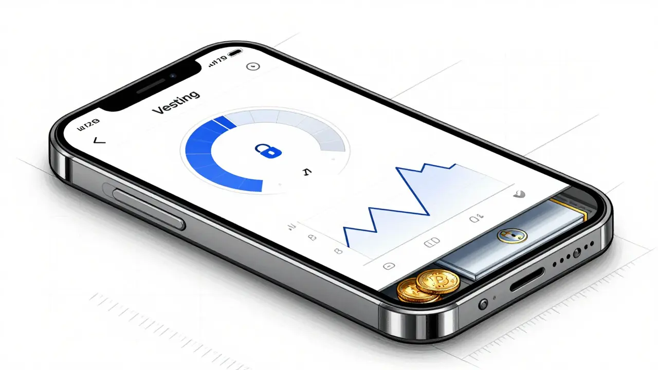 Technical sketch of a crypto wallet device showing vesting gauges and price graphs