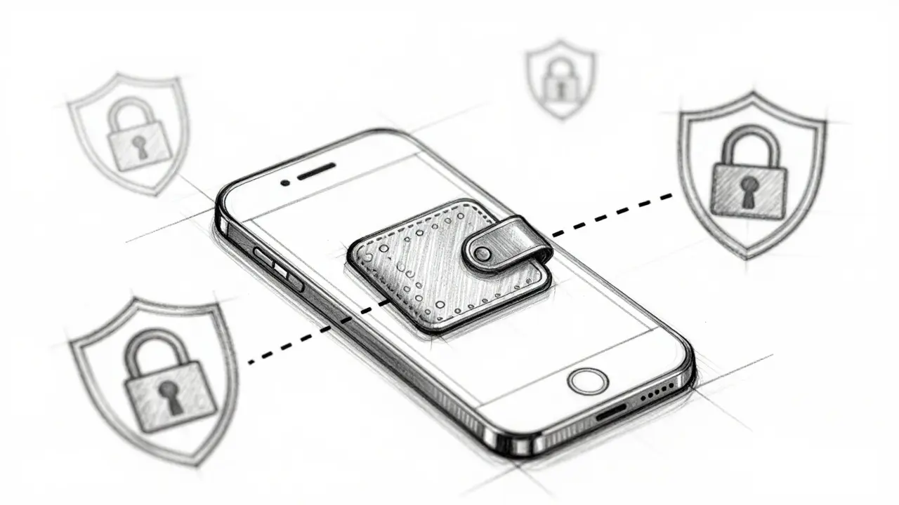 Technical sketch of a digital wallet with security shield icons
