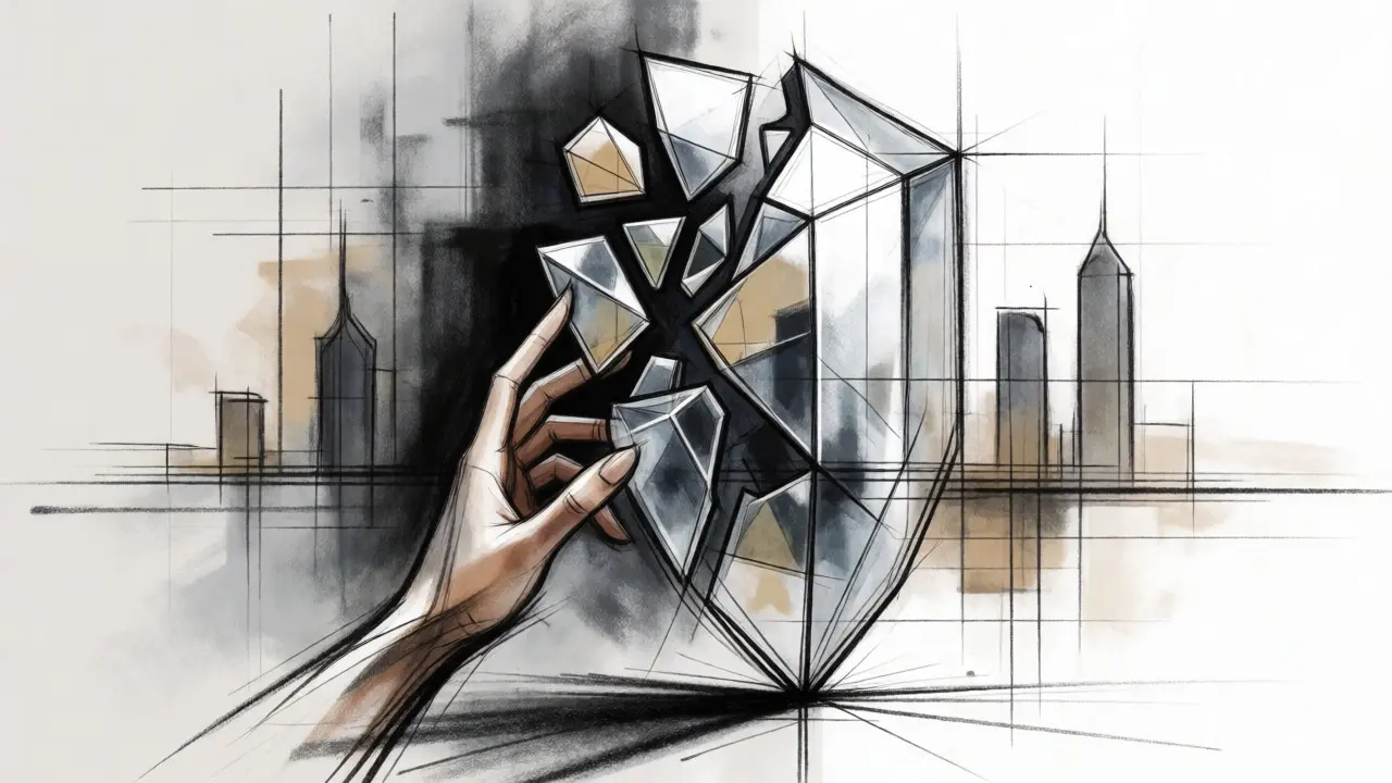 Abstract crystal shield assembling from service fragments