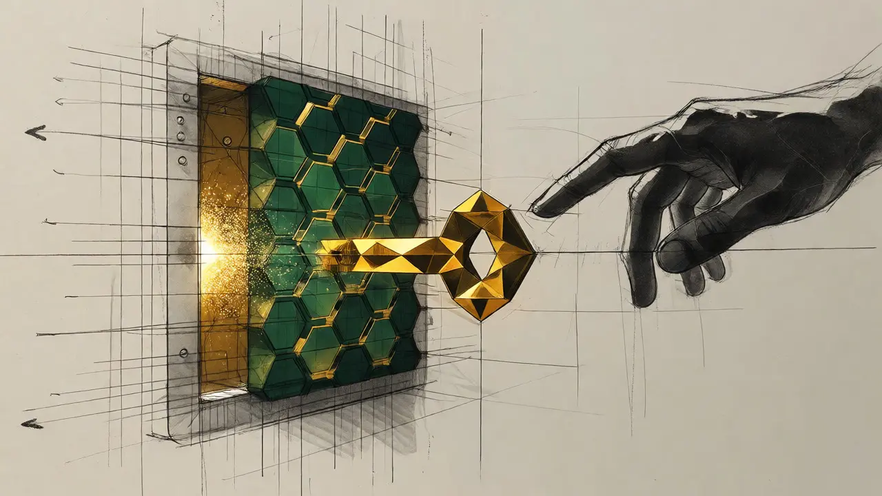 Abstract drawing of a golden key unlocking a hexagonal vault releasing sparkles.