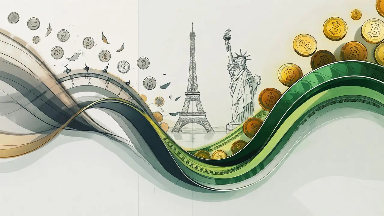 Abstract illustration of diverging market trends between shrinking EU and growing US sectors.