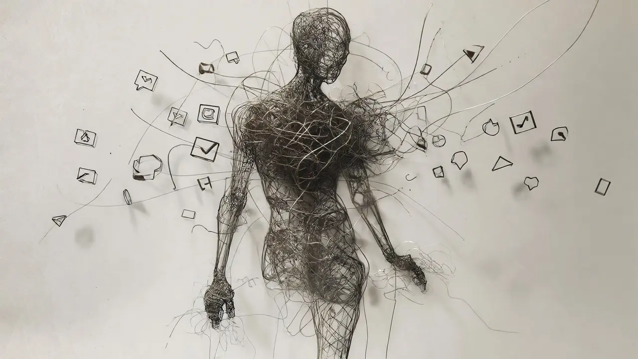 Abstract wireframe sketch of a human silhouette made of tangled threads representing undefined social assets.
