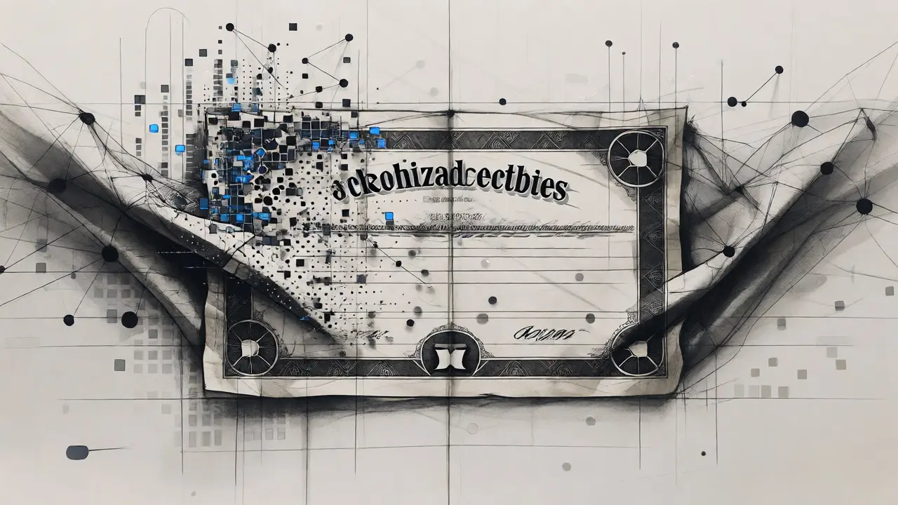Artistic design sketch showing tokenized securities blending traditional documents with digital networks.