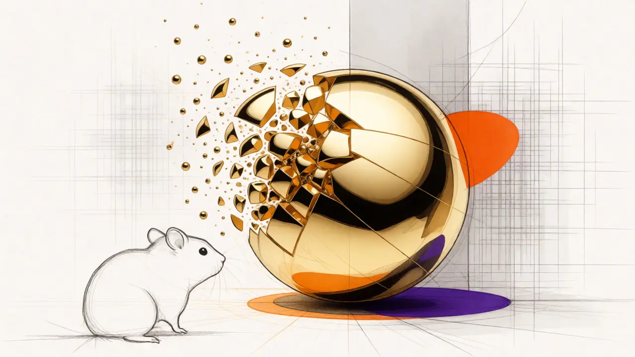 Artistic sketch showing a hamster watching gold shards dissolve