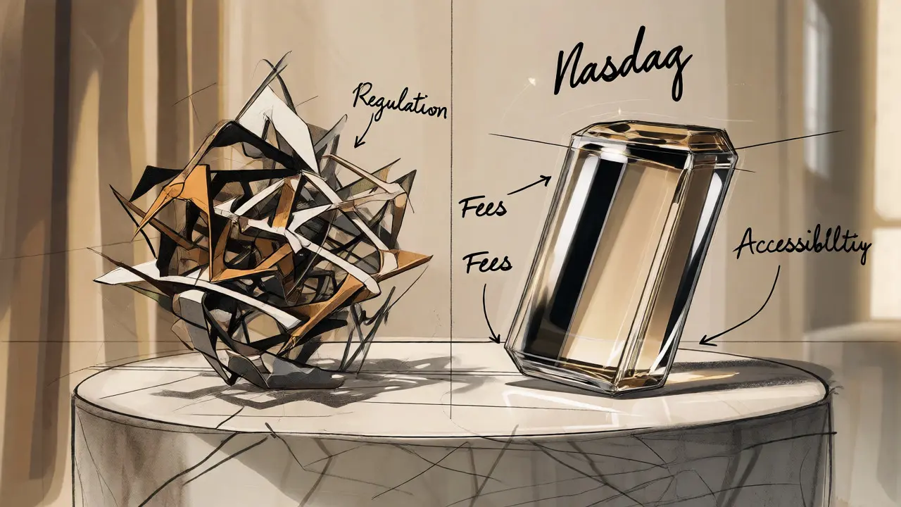 Comparative product sketch contrasting chaotic crypto markets with the refined Nasdaq ETF experience.