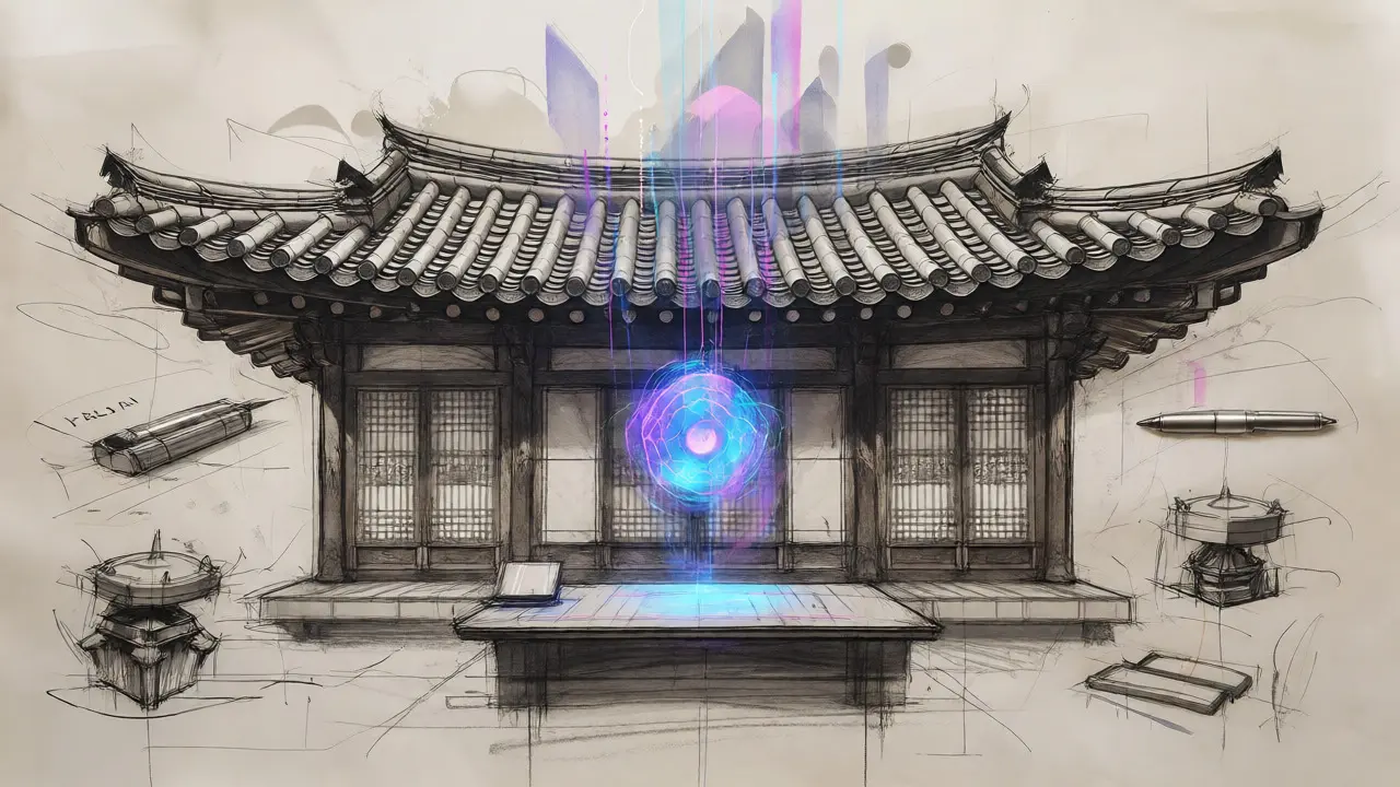 Concept sketch of an AI analytics orb over Korean architecture and tech components.