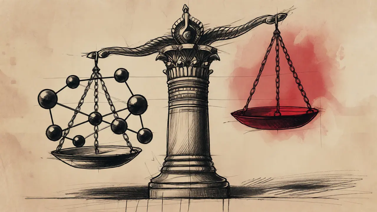 Conceptual sketch balancing blockchain nodes against an Egyptian justice column