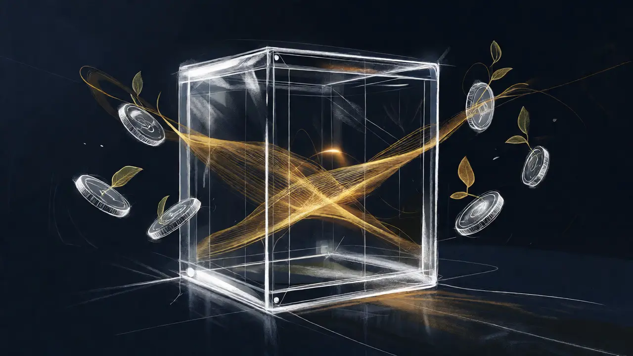 Conceptual sketch of a glass vault with golden threads and growing coin vines.