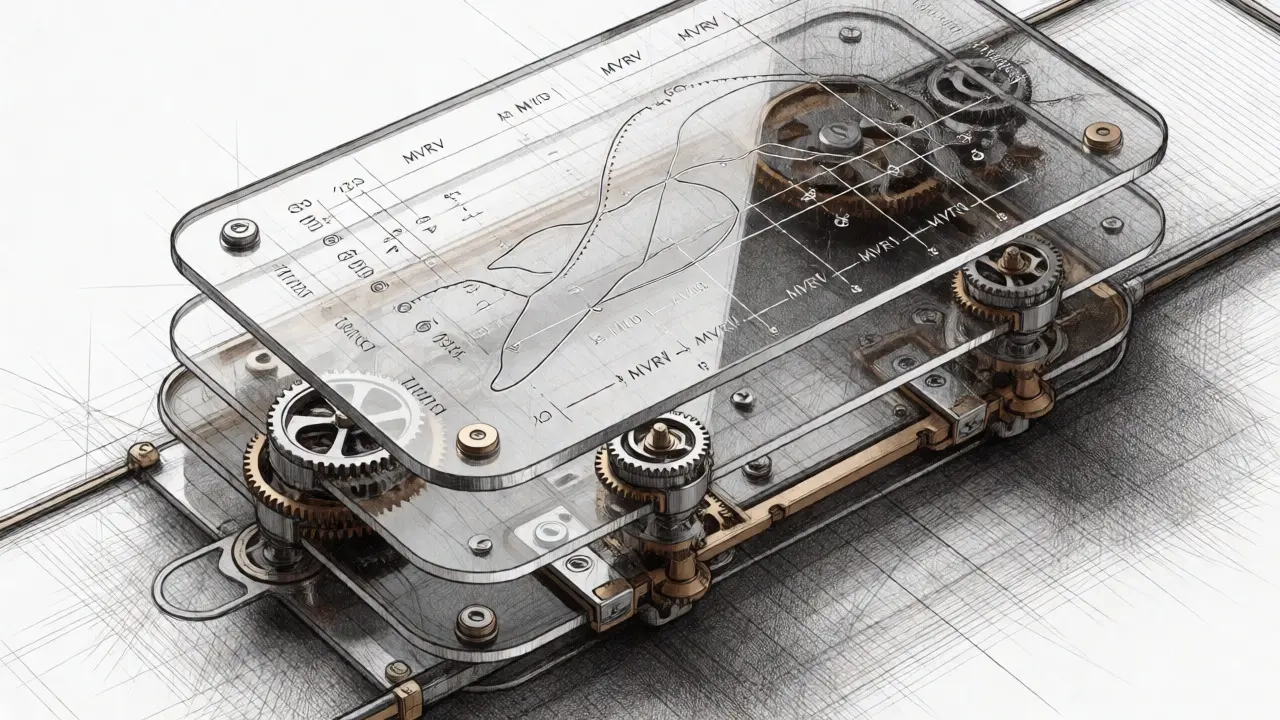 Conceptual sketch of a layered analytical gadget tracking crypto metrics