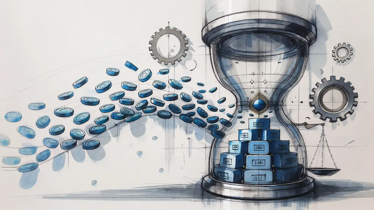 Conceptual sketch of tokens transforming into weighted blocks in a vault
