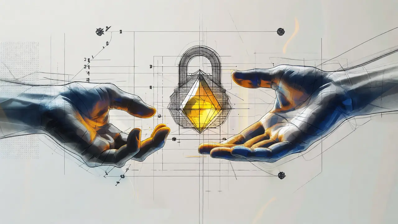 Conceptual sketch of two hands exchanging a crypto token through a wireframe escrow lock.