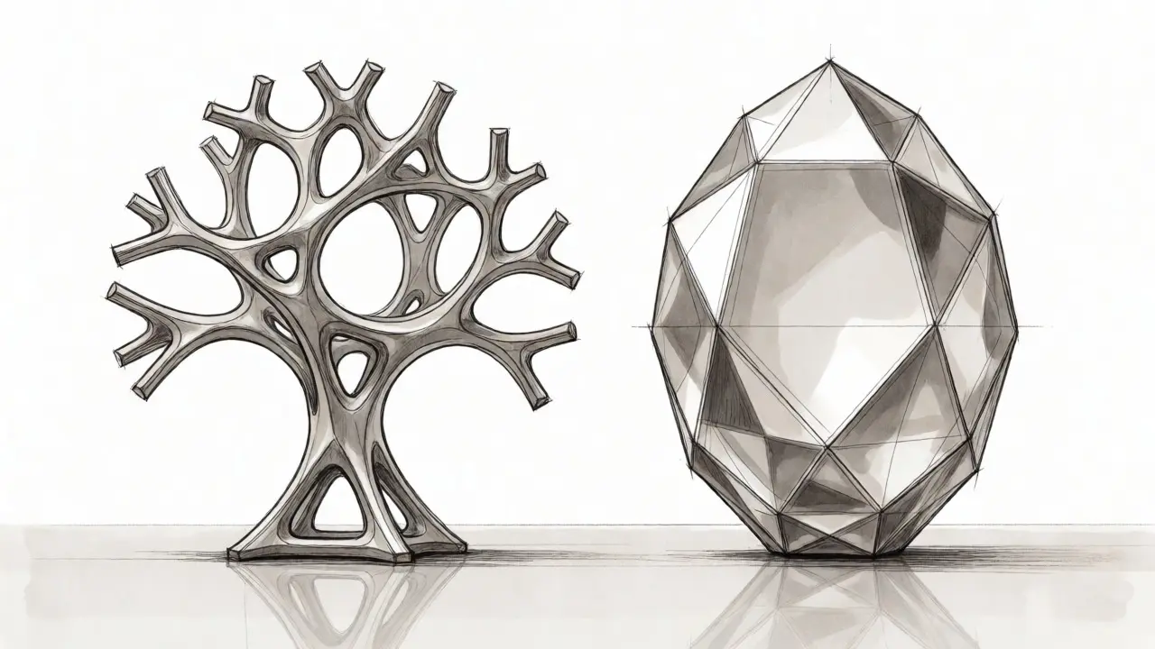 Design sketch comparing two abstract geometric forms representing different crypto projects.