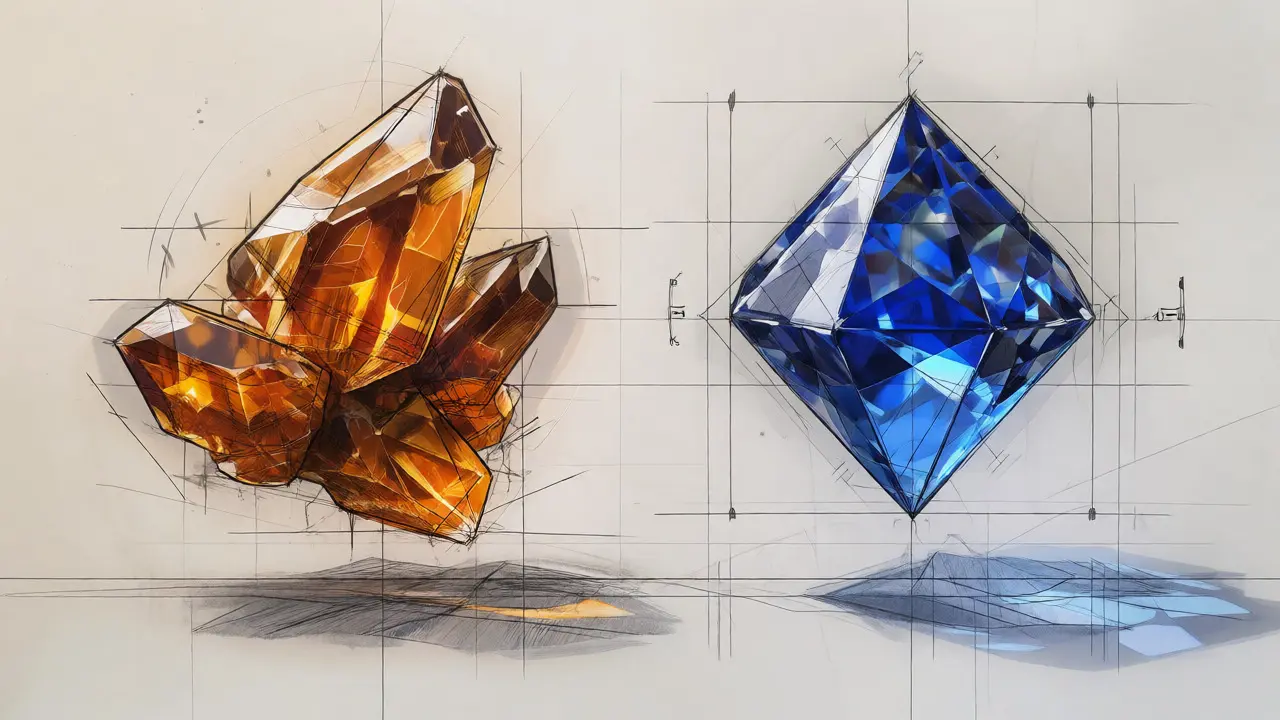 Design sketch contrasting amber SEA shards with a blue SSS diamond