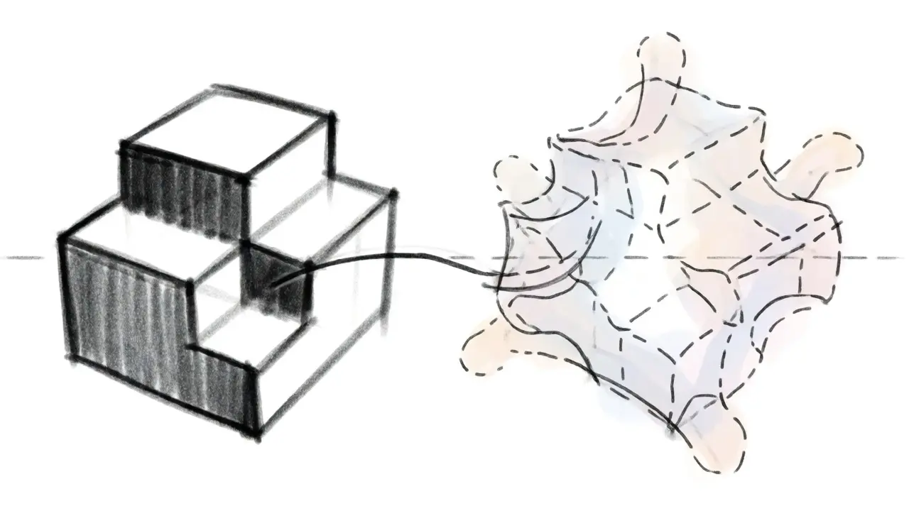Design sketch contrasting solid on-chain blocks with ethereal off-chain data clouds