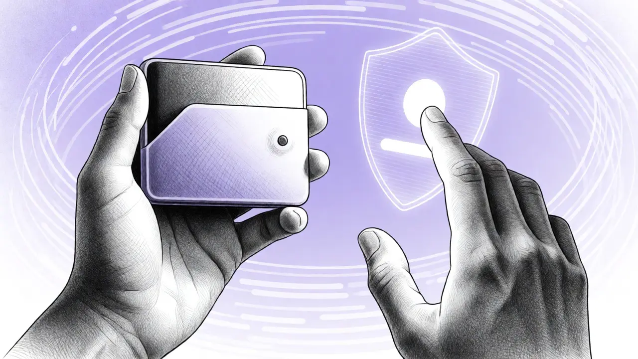 Design sketch of a hand holding a wallet reaching for a KYC security shield.