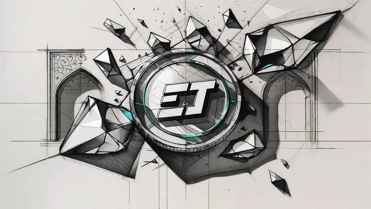 Design sketch of a USDT coin shattering into crystalline fragments