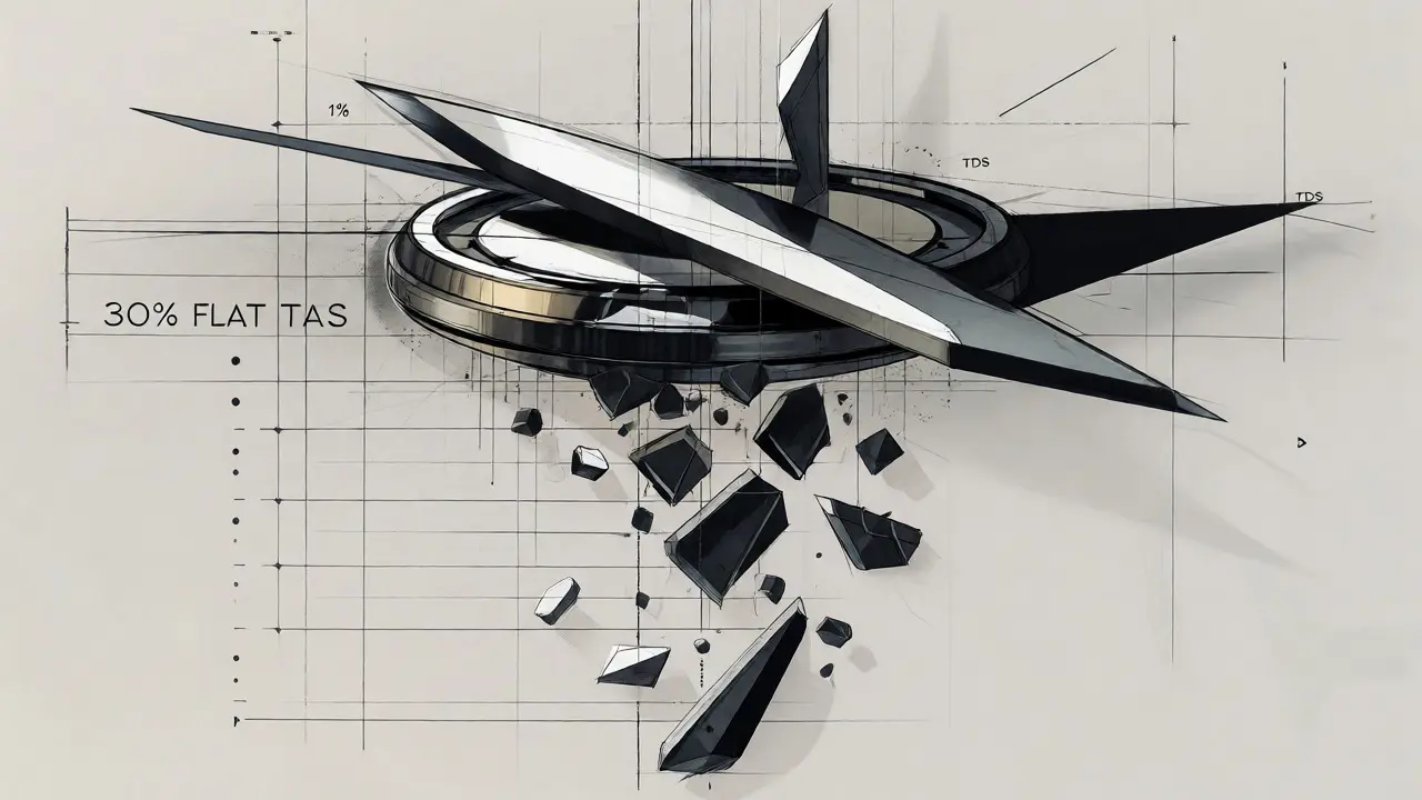 Design sketch showing a digital asset being sliced by geometric tax deduction mechanisms.