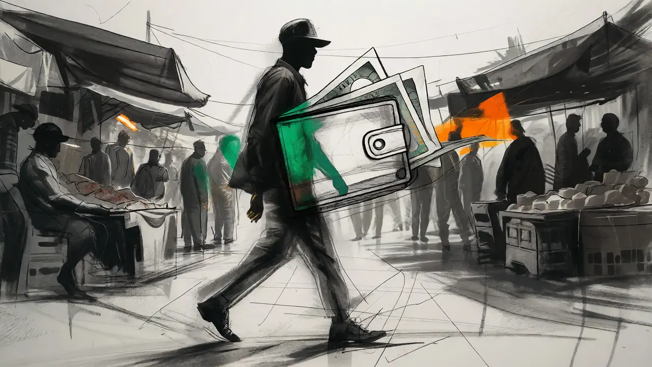 Dynamic sketch of a person in a market with a digital wallet converting to cash instantly.