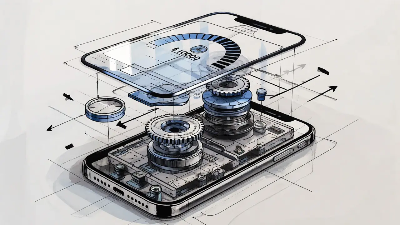 Exploded view of crypto app interface showing transaction limits and compliance parts