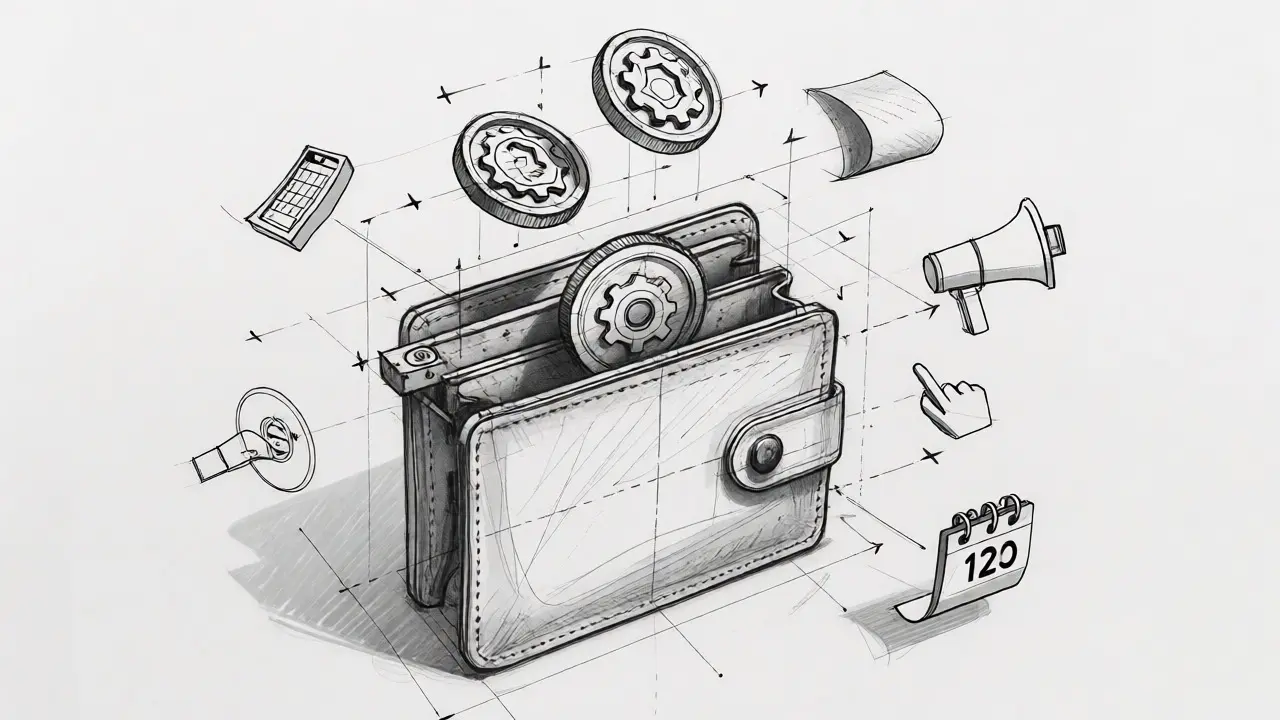 Exploded view sketch of a wallet releasing gear-like tokens representing airdrop mechanics.