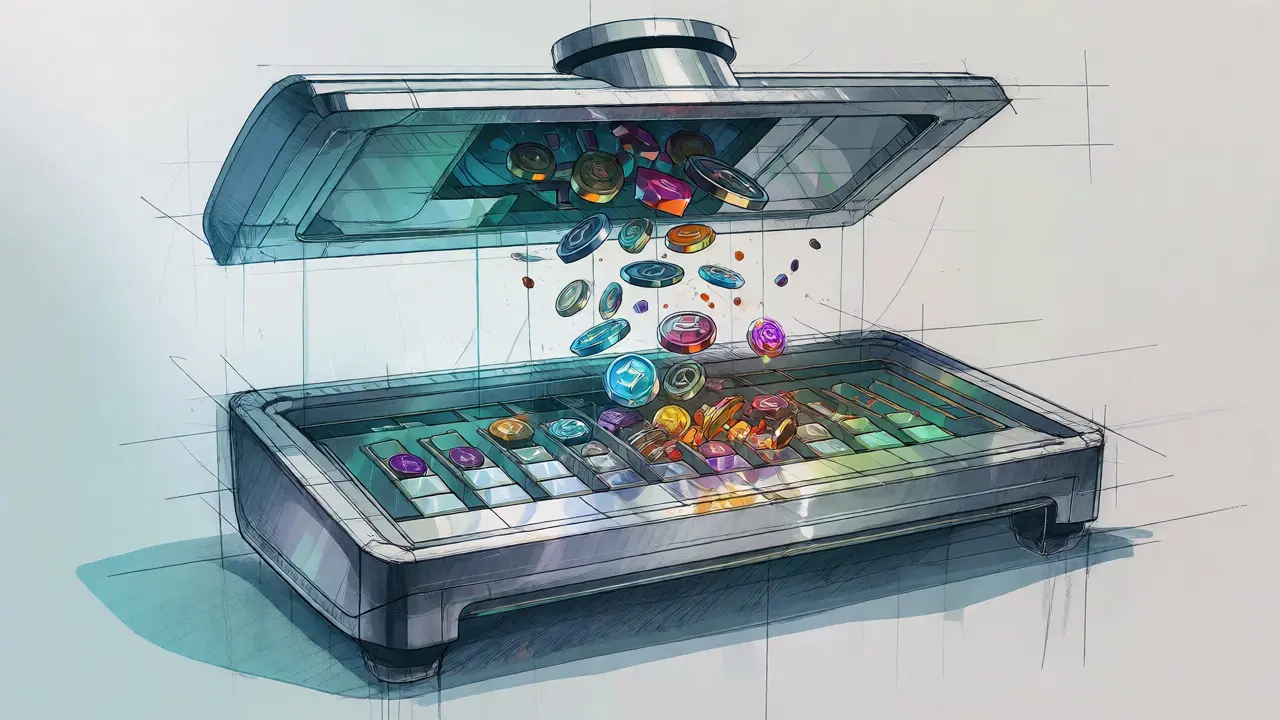 Exploded view sketch of cryptocurrency tokens being sorted into a display case.