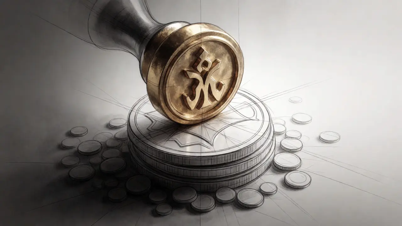 Golden regulatory seal pressing down on digital tokens