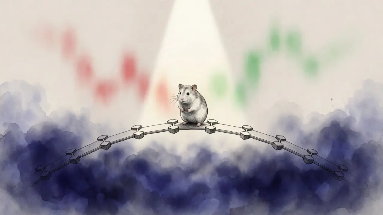 Hamster figurine on a hexagonal bridge over liquid mist