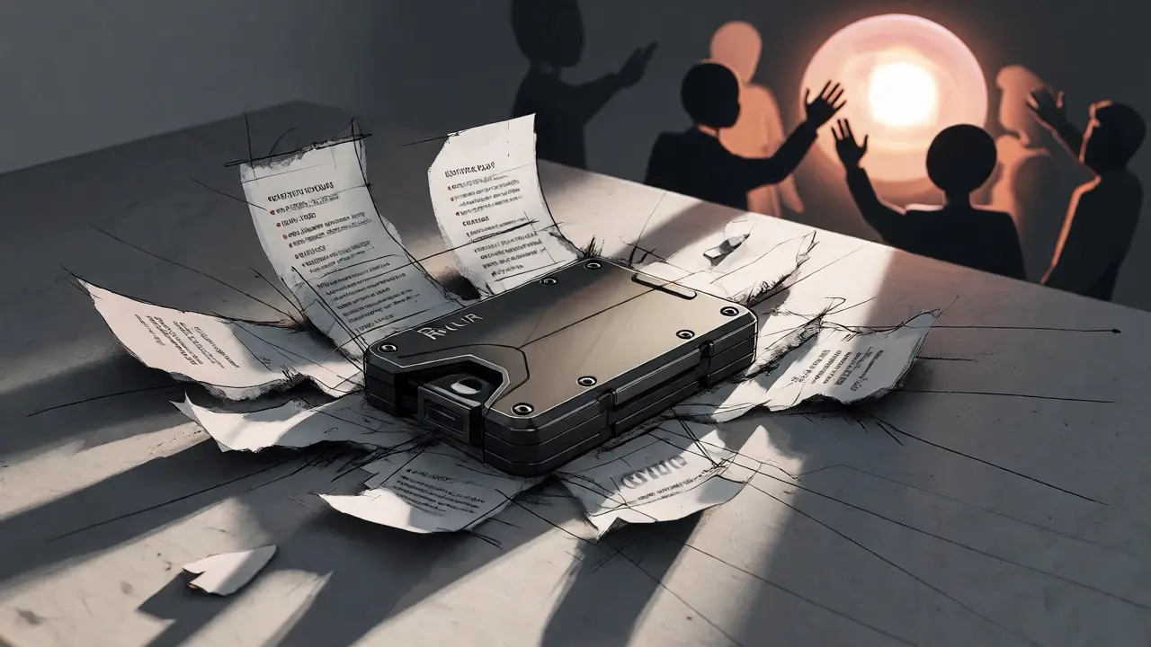 Hardware wallet on a table surrounded by fragmented paper sketches and reaching silhouettes.