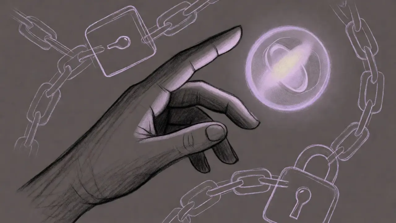 Illustration of a hand reaching for a glowing token surrounded by security chain motifs.