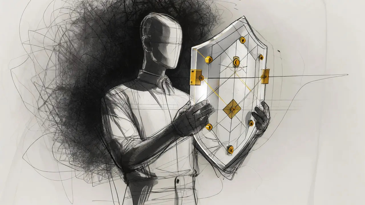 Illustration of a person protected by a cryptographic shield