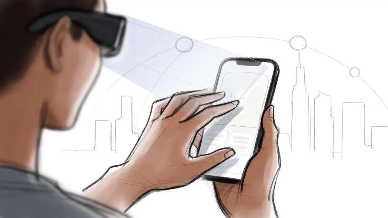 Lifestyle sketch of a user interacting with a holographic AI trading interface