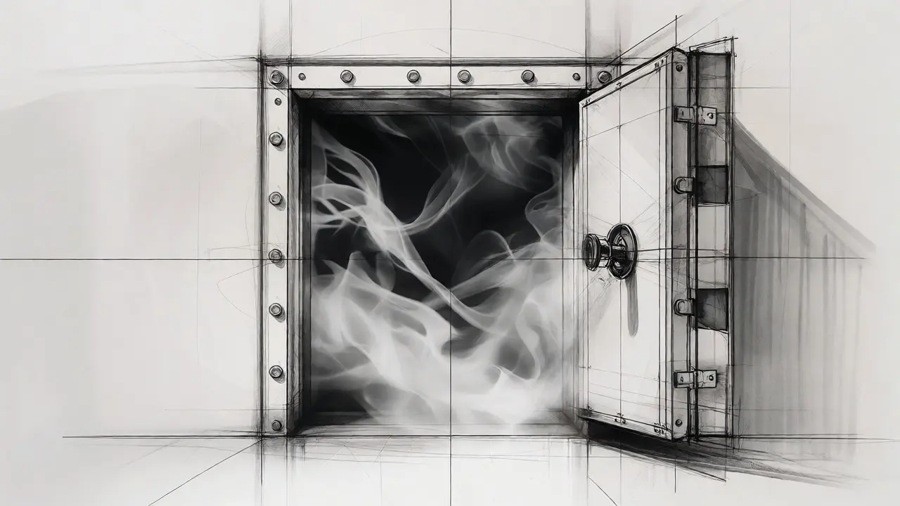 Line art sketch of an open, lockless vault containing mist, symbolizing missing security audits and reserves.