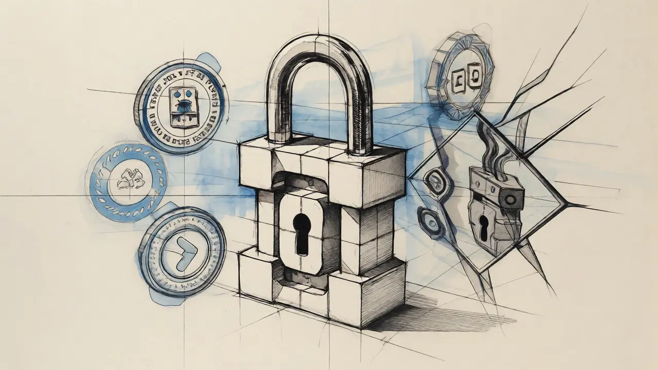 Line drawing of a secure vault made of blockchain blocks with reflection effects.